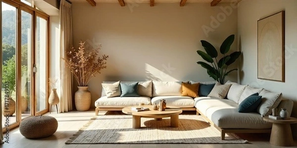 Fototapeta Serene Living Room with Natural Light and Modern Minimalist Design Featuring a Comfortable Sectional Sofa and Stylish Woven Accents
