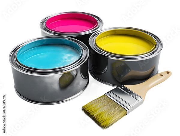 Fototapeta Vibrant CMYK paint cans and brush ready for creative projects, art, and design applications