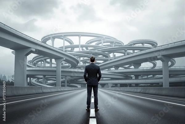 Fototapeta Businessman facing complex highway interchange symbolizing decision-making and strategic planning under cloudy sky in surreal urban environment concept. Ai generative
