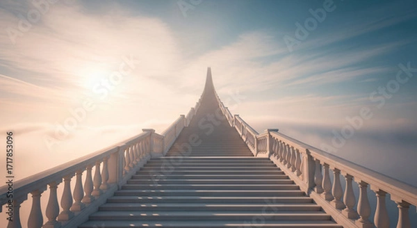 Fototapeta White staircase ascending above clouds into bright sky