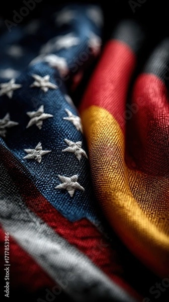 Obraz Two nations represented by folded flags, highlighting unity and diversity in a close-up view