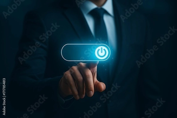Fototapeta Business Startup Activation – Businessman Pressing Digital Power Button to Launch Innovation and Growth