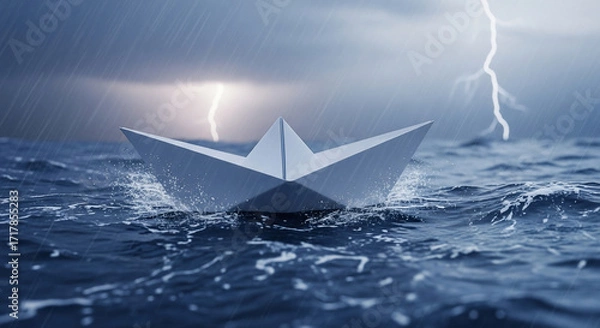 Fototapeta Paper boat floating on stormy water with lightning