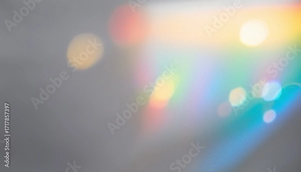 Fototapeta dreamy holographic rainbow light refraction texture overlay with abstract soft bokeh effect on a white wall organic prismatic glow and natural shadows background with copy space