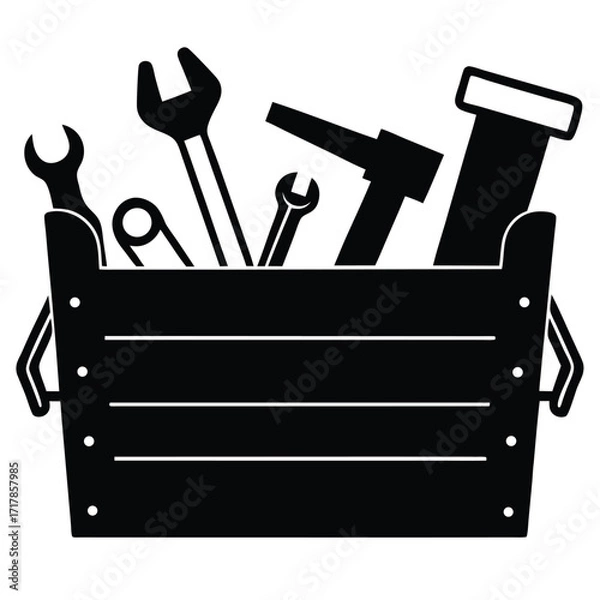 Fototapeta Silhouette of a wooden toolbox filled with various hand tools