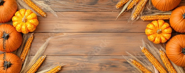 Fototapeta A rustic wooden background adorned with vibrant orange pumpkins and dried corn, creating a warm, autumnal atmosphere.