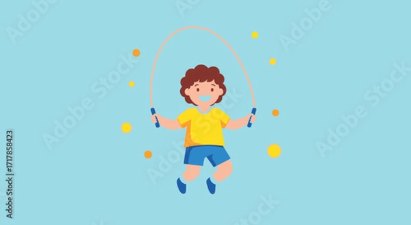 Fototapeta Cheerful Child Jumping Rope with Joyful Energy on a Vibrant Blue Background