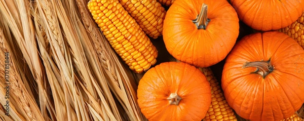 Fototapeta  vibrant arrangement of pumpkins and corn, set against a backdrop of dried corn husks, embodying the essence of autumn harvest.