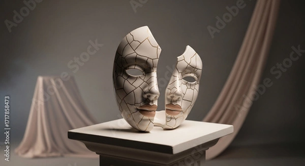Fototapeta Broken cracked mask split in two halves on a pedestal symbolizing truth, identity, and deception