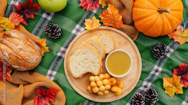 Fototapeta cozy autumn spread featuring bread, pumpkin, and seasonal leaves, creating a warm and inviting atmosphere.