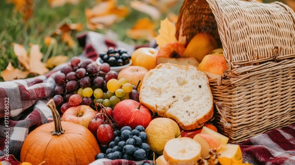 Fototapeta cozy picnic scene featuring a basket filled with various fruits, bread, and a pumpkin, laid out on a plaid blanket amidst autumn leaves.