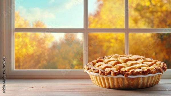 Fototapeta delicious apple pie sits on a wooden table, framed by a window showcasing a vibrant autumn landscape outside.