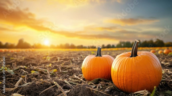 Fototapeta beautiful sunset over a pumpkin patch, with vibrant orange pumpkins scattered in the foreground, showcasing the essence of autumn.