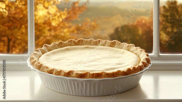 Fototapeta  freshly baked pie sits on a windowsill, framed by a beautiful autumn landscape, showcasing golden leaves and a warm, inviting atmosphere.