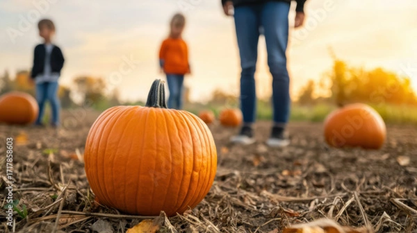 Fototapeta vibrant pumpkin sits in focus with children exploring a pumpkin patch in the background during a warm, autumn day.