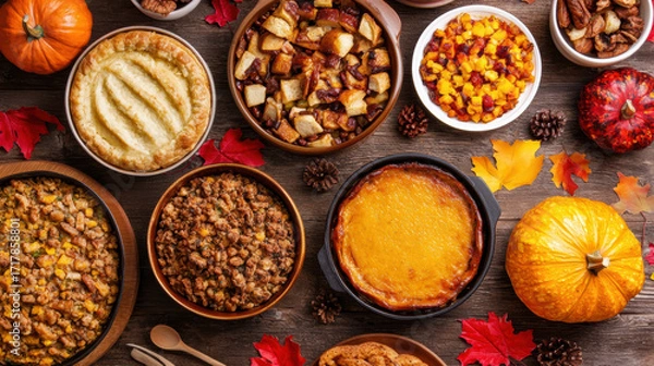 Fototapeta vibrant spread of autumn-themed dishes, featuring pumpkin, pies, and various sides, set against a backdrop of colorful leaves and warm tones.