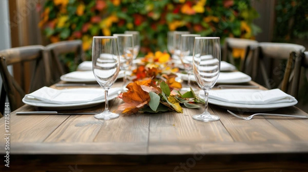 Fototapeta beautifully arranged dining table with white plates, elegant glasses, and autumn leaves, set against a backdrop of vibrant foliage.