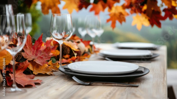 Fototapeta  beautifully arranged dining table adorned with colorful autumn leaves, glassware, and simple white plates, set against a serene natural backdrop.