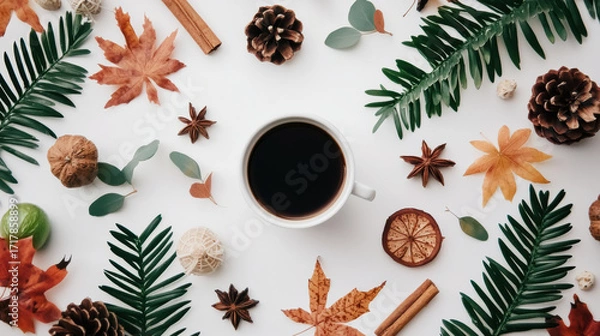 Fototapeta  cozy arrangement featuring a cup of coffee surrounded by autumn leaves, pinecones, and decorative elements on a light background.