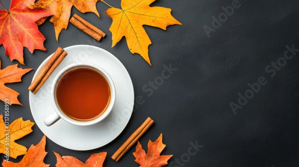 Fototapeta cozy scene featuring a cup of tea surrounded by colorful autumn leaves and cinnamon sticks on a dark surface.