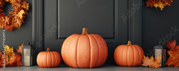 Fototapeta cozy autumn scene featuring three pumpkins and vibrant fall leaves, creating a warm atmosphere against a dark backdrop.