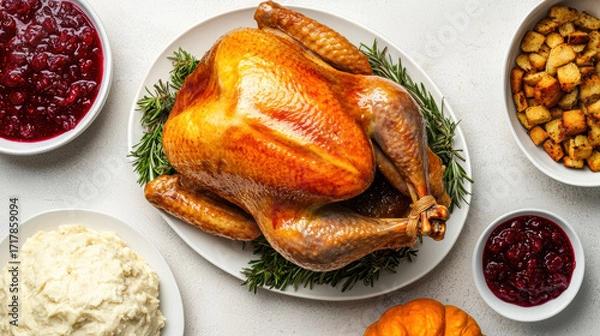 Fototapeta beautifully roasted turkey surrounded by cranberry sauce, stuffing, mashed potatoes, and a small pumpkin, creating a festive meal setting.