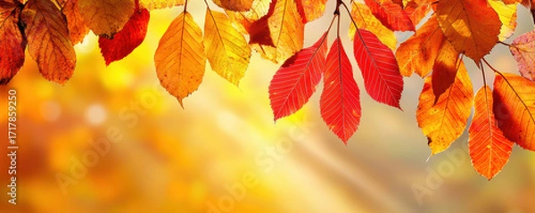 Fototapeta  vibrant display of autumn leaves in shades of red, orange, and yellow, illuminated by soft sunlight, creating a warm and inviting atmosphere.
