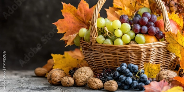 Fototapeta wicker basket filled with colorful grapes, green apples, and walnuts, surrounded by autumn leaves on a rustic surface.