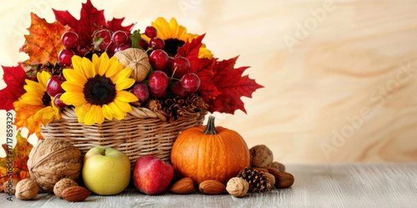 Fototapeta vibrant autumn basket filled with sunflowers, grapes, apples, walnuts, and pumpkin, surrounded by colorful leaves, capturing the essence of fall.