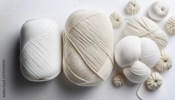 Fototapeta white background with white yarn and a ball of wool on the right side top view the composition is simple yet elegant showcasing a sense of luxury and sophistication