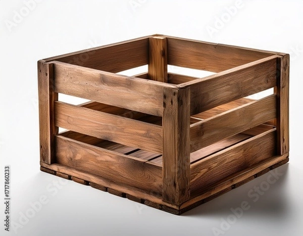 Fototapeta a weathered rustic wooden crate with dark brown and light brown tones sits against a plain white background the crate is square and shows signs of