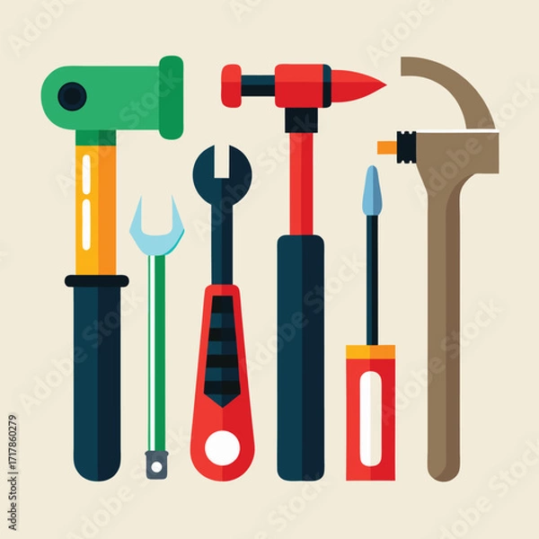 Fototapeta Collection of colorful hand tools including hammers and wrenches