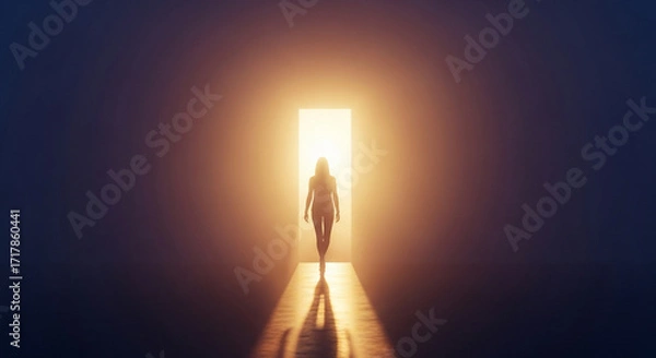 Fototapeta Figure walking into bright light in dark space