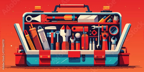 Fototapeta Open toolbox filled with a variety of colorful tools against a vibrant red background