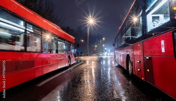 Fototapeta two red city buses on a wet city street at night focus on the front of the closest bus with blurred background bright led lights visible