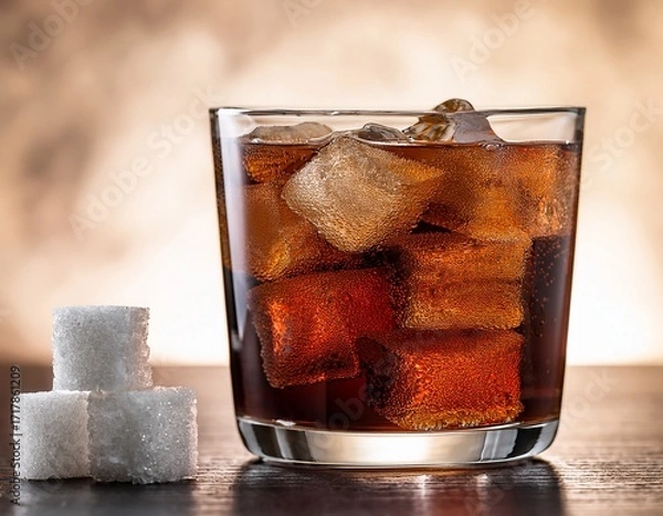 Fototapeta a refreshing glass of cola with ice and sugar cubes beside it