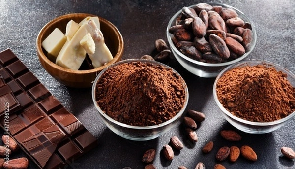 Fototapeta assorted chocolate bars and cocoa products on dark background