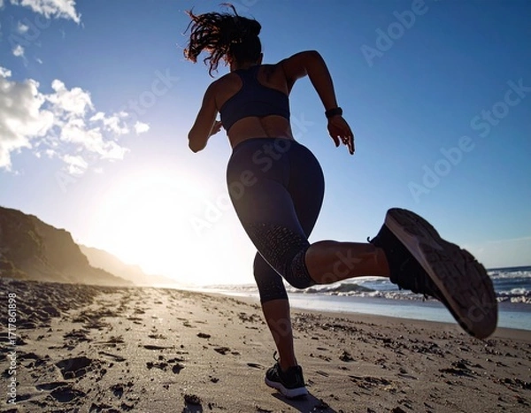 Obraz 海岸沿いを全力で走る女性
