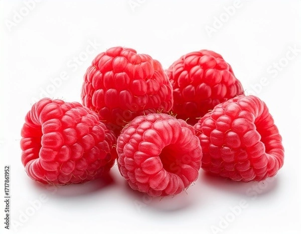 Fototapeta six vibrant red raspberries with detailed textures are presented against a clean white background the raspberries show variations in their shape and