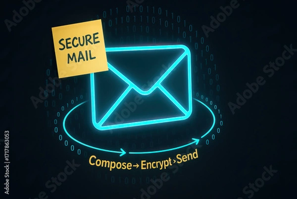 Fototapeta Secure mail neon envelope icon with compose encrypt send workflow, digital privacy concept showing protected email transmission and data security