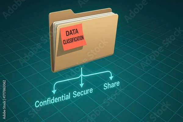 Fototapeta Data classification folder data classification data folder classification diagram confidential secure share information flow file icon sticky note beige folder teal grid neon arrows digital