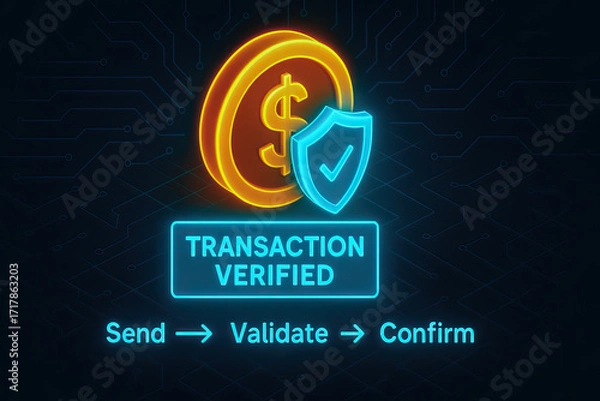 Fototapeta Transaction verified neon icon with coin and shield, send validate confirm steps in glowing cybersecurity interface