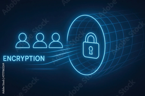 Fototapeta Encryption concept with user icon and lock tunnel glowing in blue neon, secure data transmission and privacy protection emphasized
