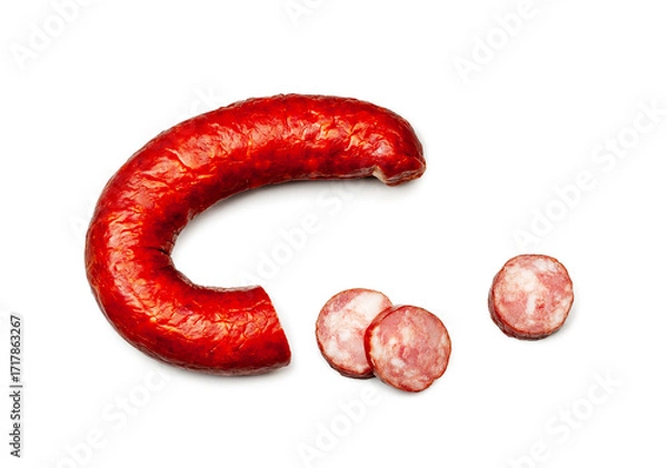 Fototapeta Salami sausage slices isolated on a white background,contour
