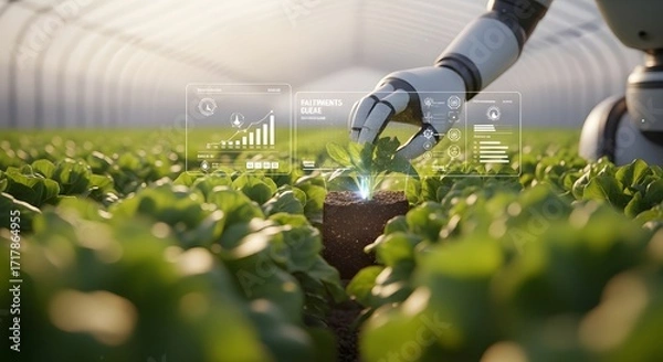Fototapeta Robotic Arm Analyzing Green Crop Plant in Modern Controlled Environment
