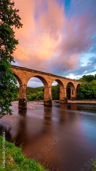 Obraz Stone arch bridge at sunset over river