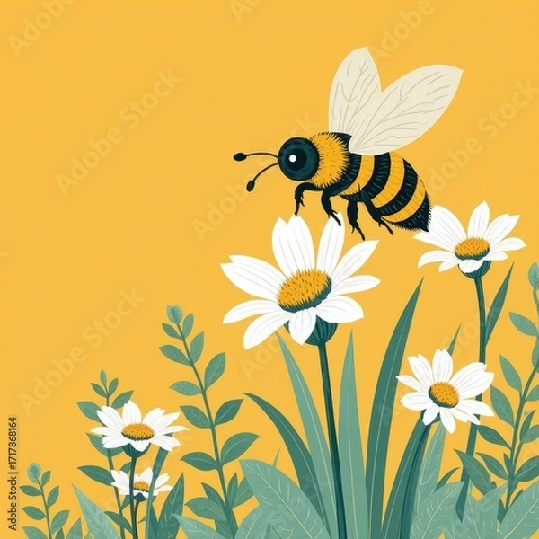 Fototapeta Buzzing Companion: A charming illustration of a bee hovering gracefully above delicate daisy flowers on a vibrant yellow background.