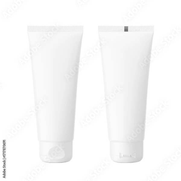 Fototapeta Blank plastic tube mockup for cosmetics with cap. Front and back view. Vector illustration isolated on white background. Can be use for your design, advertising. EPS10.	