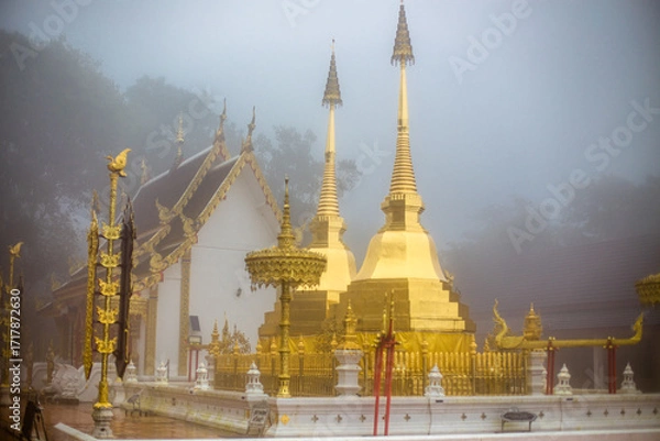 Fototapeta The background of the religious tourist attraction Wat Phra That Doi Tung in the mist in Chiang Rai Province, Thailand, where travelers often stop to make merit.