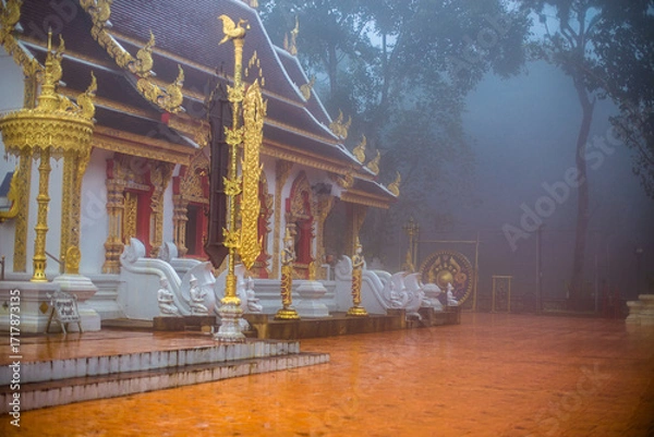 Fototapeta The background of the religious tourist attraction Wat Phra That Doi Tung in the mist in Chiang Rai Province, Thailand, where travelers often stop to make merit.